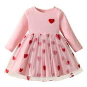 Gunia Valentines Day Dress For Girls Toddler Baby Child Long Sleeve Red Heart Printed Floral Princess Wedding Dresses 3-4 Years